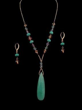 Handmade Multi-Beaded Green Quartz Pendant Necklace & Matching Earrings